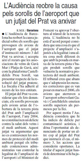 Noticia publicada en el diario EL PUNT sobre el auto de la Audiencia de Barcelona reabriendo la querella criminal presentada contra los reponsables de la puesta en servicio de la tercera pista del aeropuerto de Barcelona-El Prat (13 de Marzo de 2010)